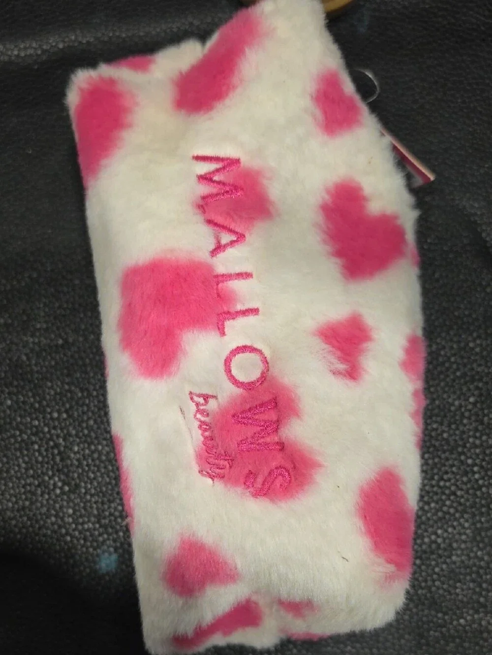 fluff White Plush Zipper Pouch with Pink Hearts